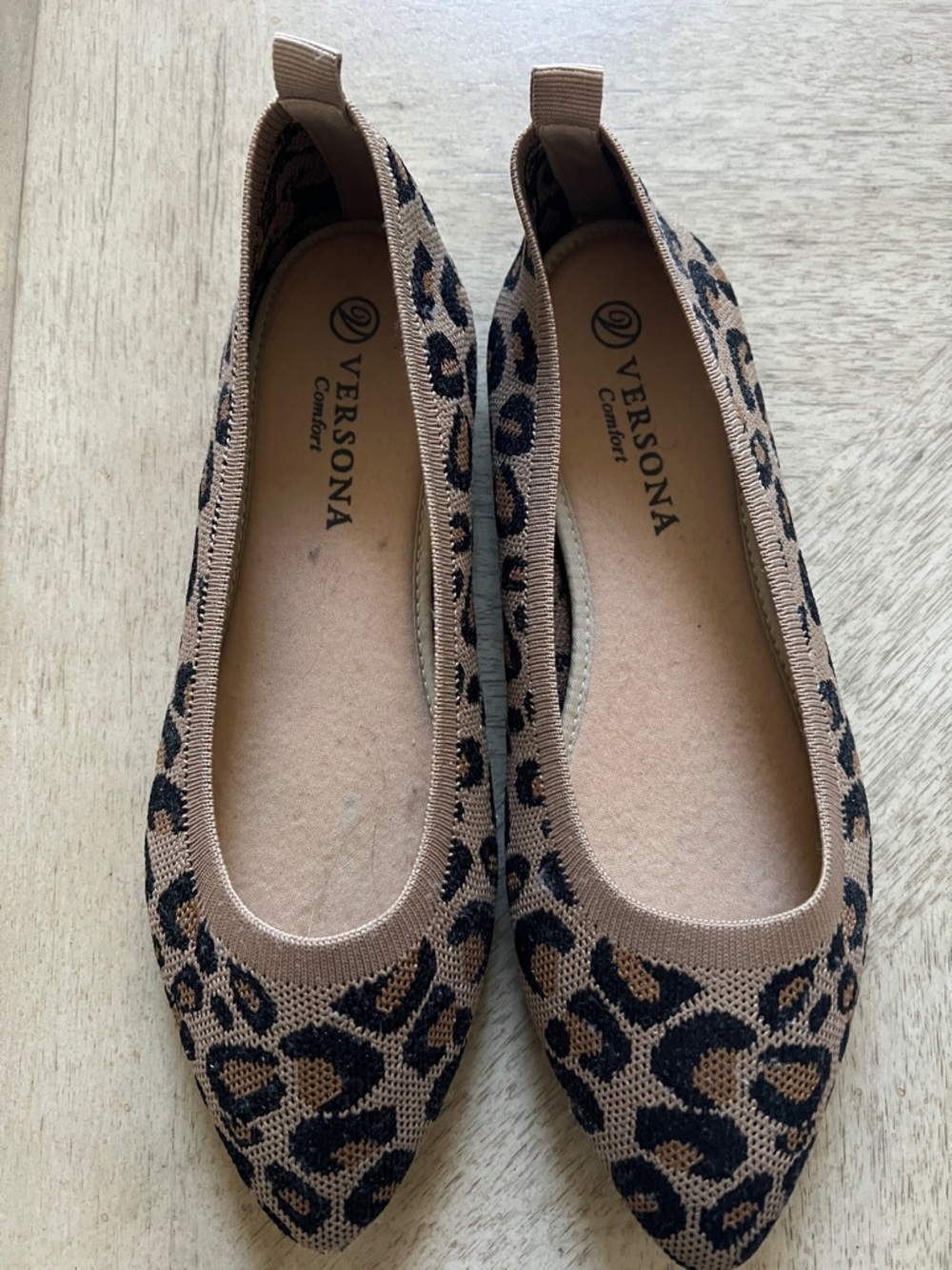 Versona Leopard-Print Pointed Knit Flats in Tan and Black
